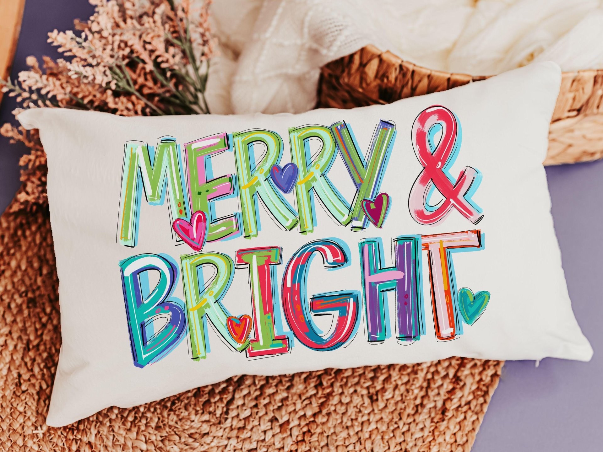 Merry and bright colorful Christmas pillow 