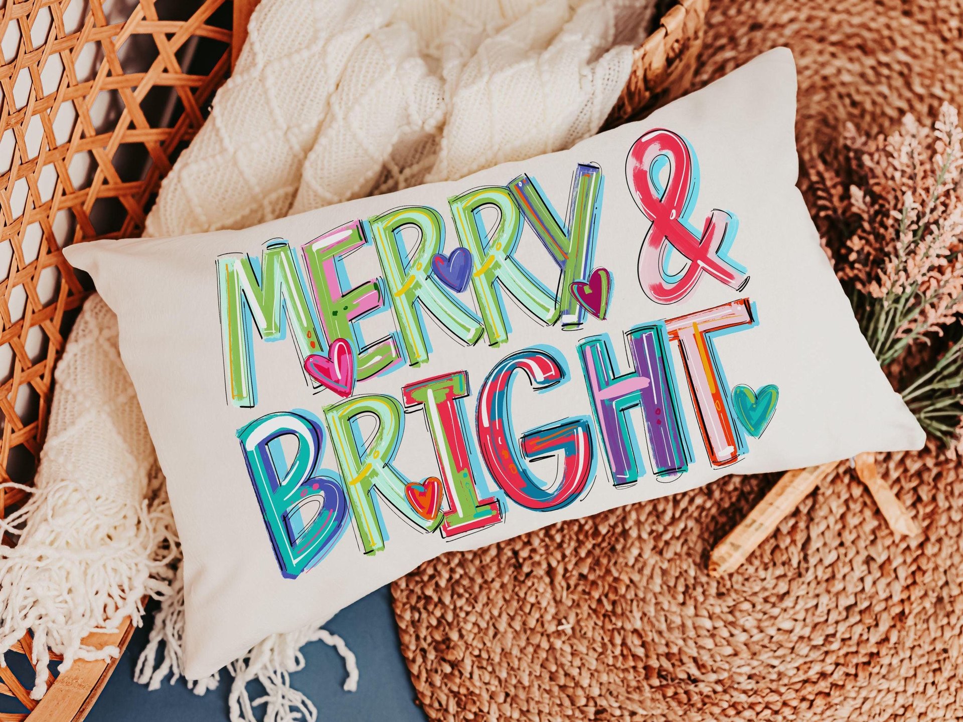 Merry and bright colorful Christmas pillow 