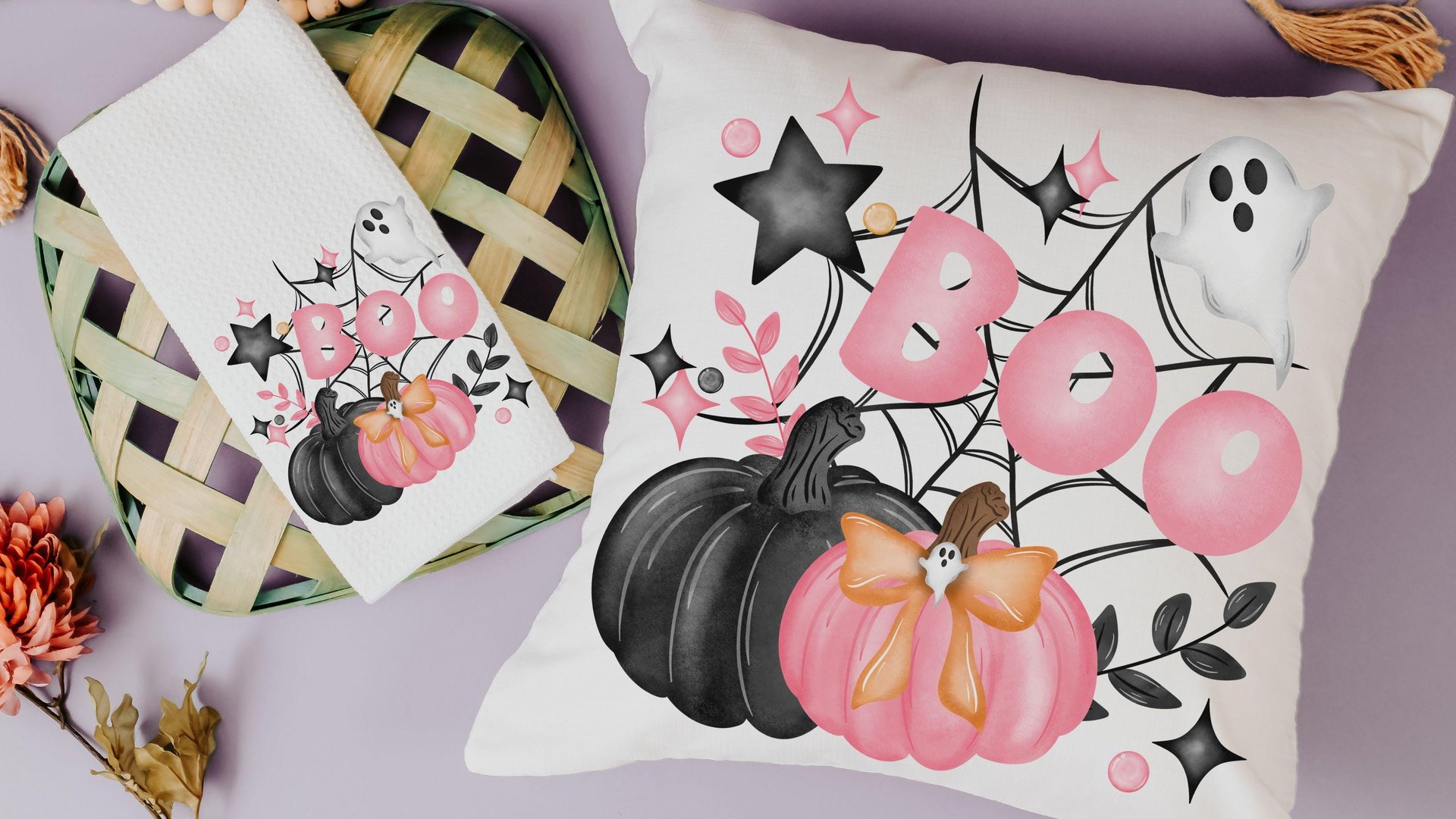 coquette Halloween decor set, boo Halloween gift set for her, cute Halloween gifts for women, pink pumpkin throw pillow for couch, whimsical