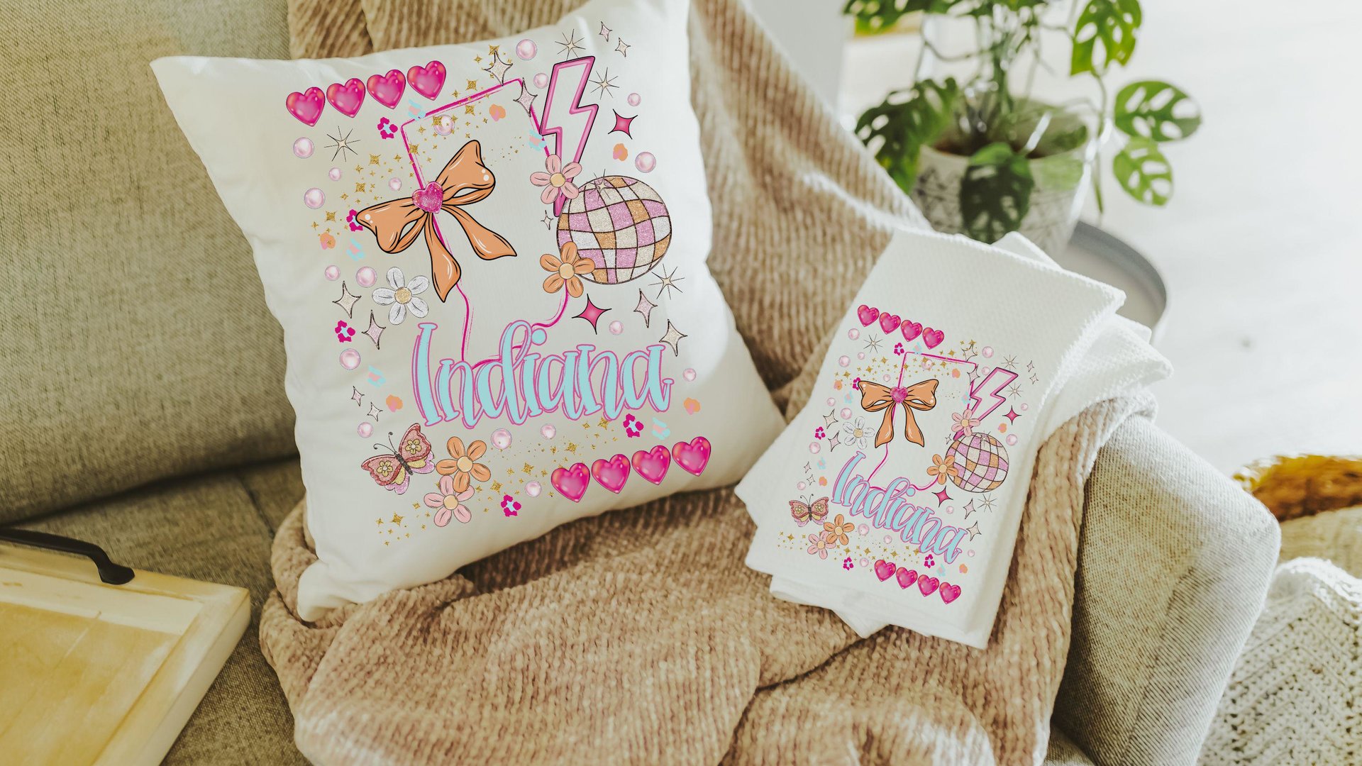 custom state throw pillow for bed, Indiana gifts, preppy stuff for teens, coquette room decor, college dorm gifts for girls, pink preppy
