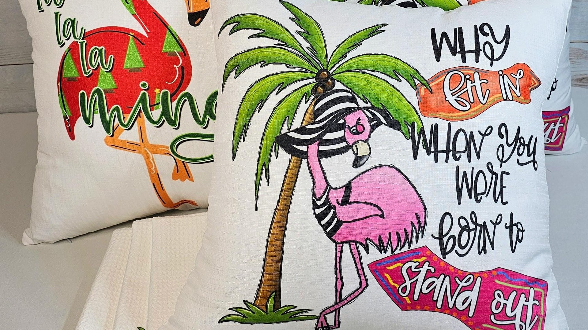 fa la la mingo funny Christmas kitchen towels for women, flamingo Christmas throw pillows for couch, cute Christmas gift set for best friend