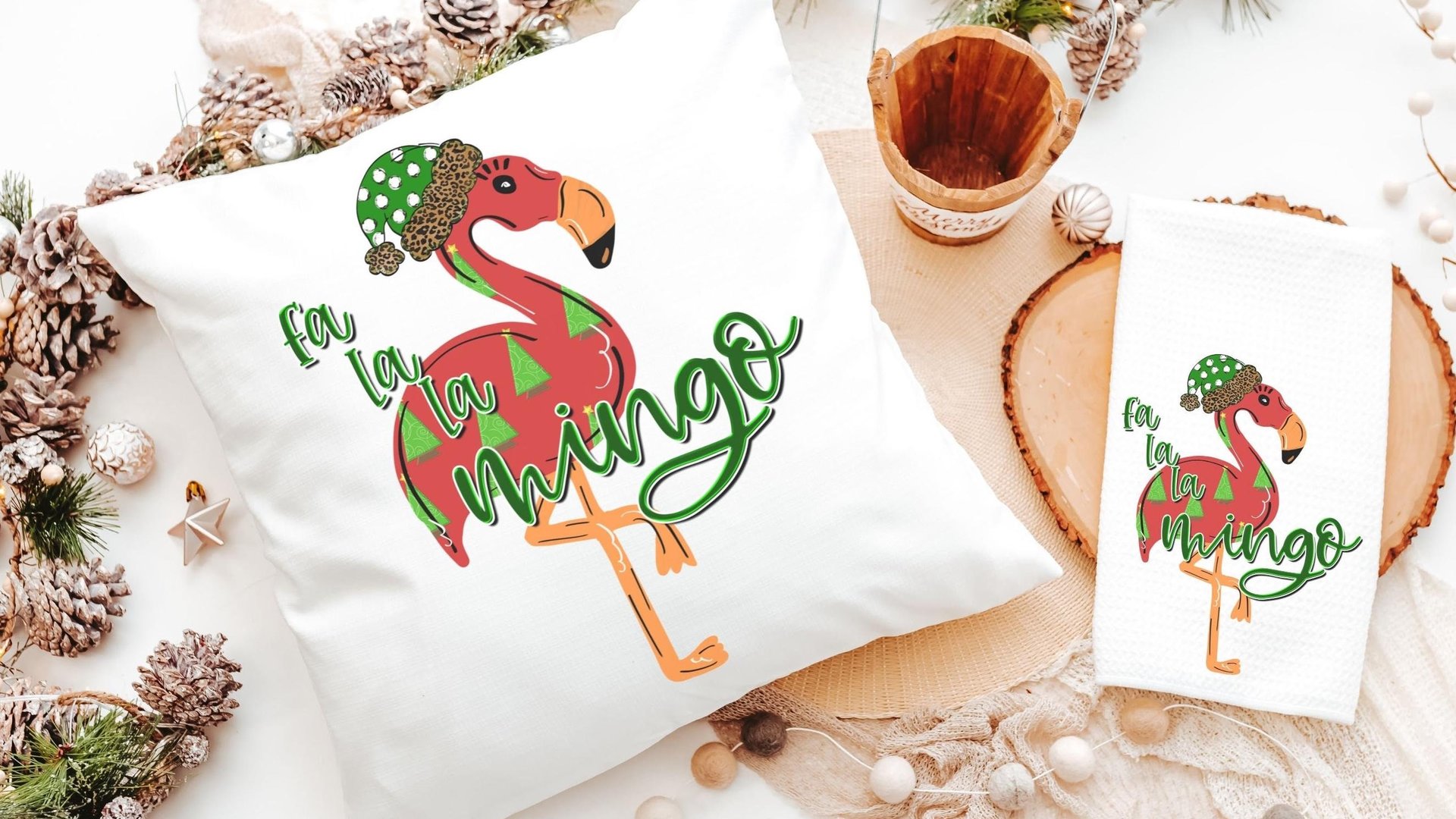 fa la la mingo funny Christmas kitchen towels for women, flamingo Christmas throw pillows for couch, cute Christmas gift set for best friend