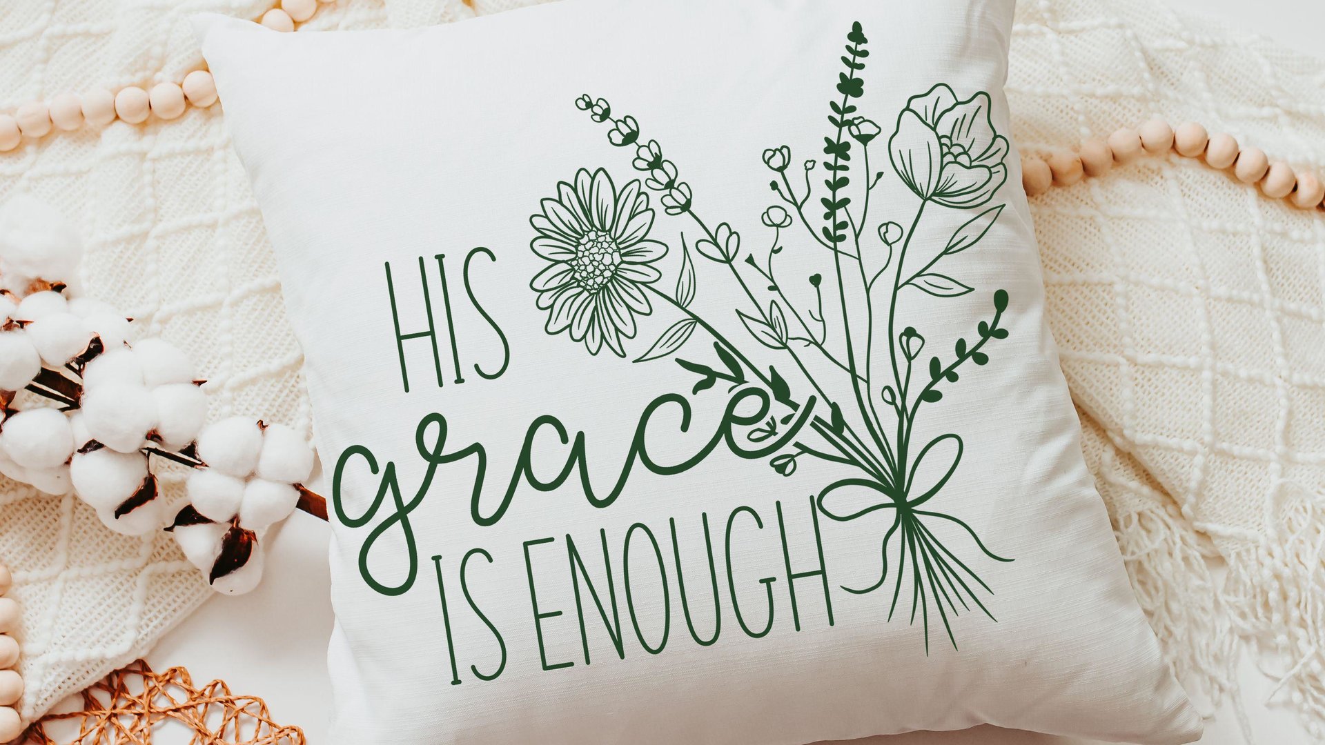his grace is enough pillow for bedroom, Christian Mothers day gifts for godmother, moss green floral pillow covers 18 x 18, wildflower decor