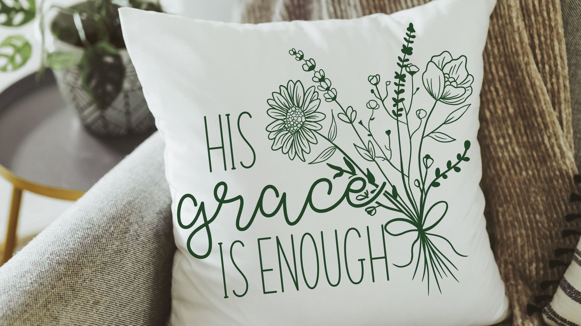 his grace is enough pillow for bedroom, Christian Mothers day gifts for godmother, moss green floral pillow covers 18 x 18, wildflower decor