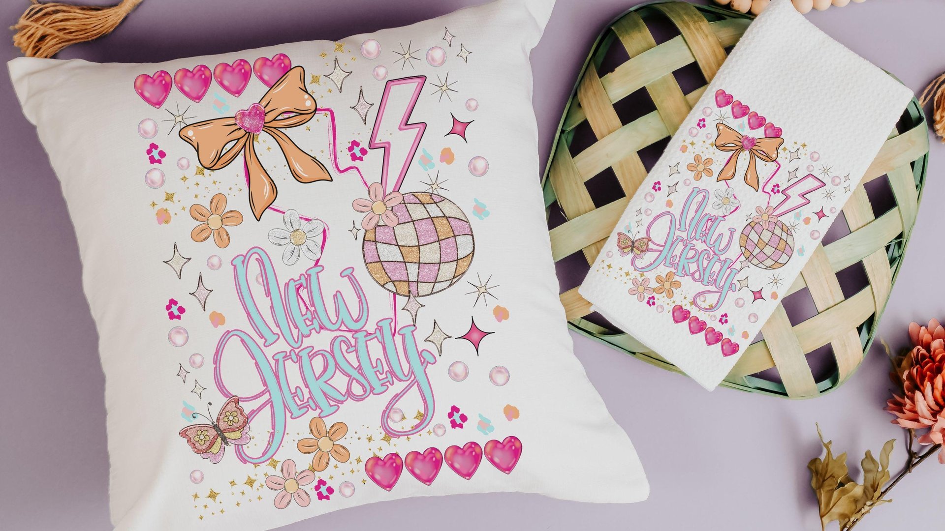 New Jersey throw pillow for bed trendy home decor, New Jersey gifts, coquette room decor pink preppy kitchen towels for gifts, college care