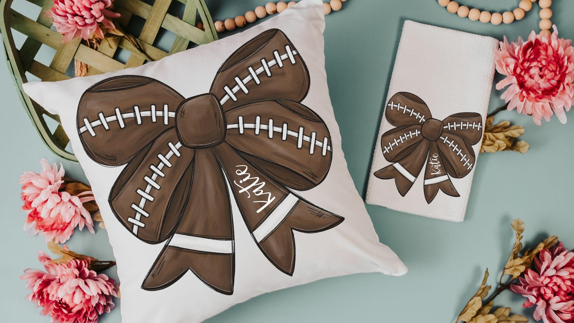 personalized football coquette bow football mom gift set for women, cute football rally towel, football bow ornament wood, football cheer