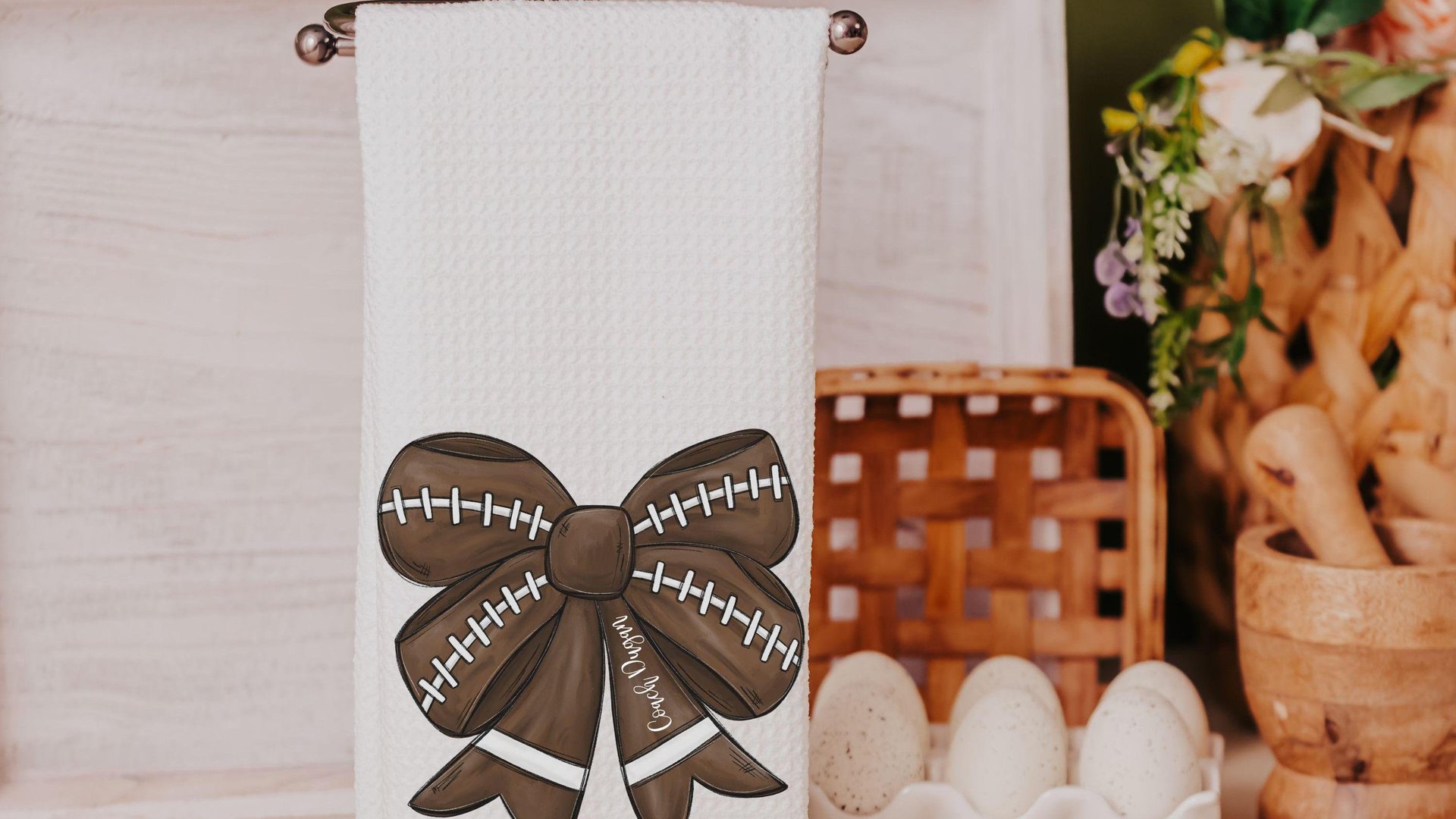 personalized football coquette bow football kitchen towels, fall kitchen decor, football mom gifts, cute football rally towel, hand towels