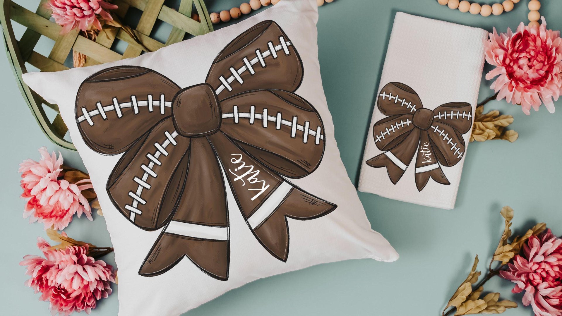 personalized football coquette bow football throw pillows for bed cute football mom gift set for women, football bow kitchen towels for gift