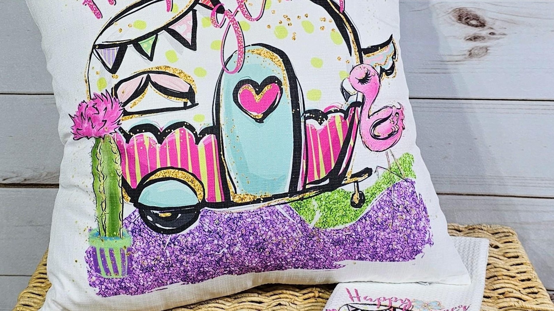 happy glamper pillows for camper, summer hand towel for bathroom, RV accessories for inside, van life gifts, indoor camper decor, best gifts