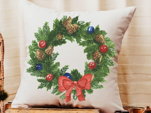 watercolor wreath Christmas ornament 2026, cozy Christmas decor for home, Christmas gifts for new homeowners, Christmas throw pillows for