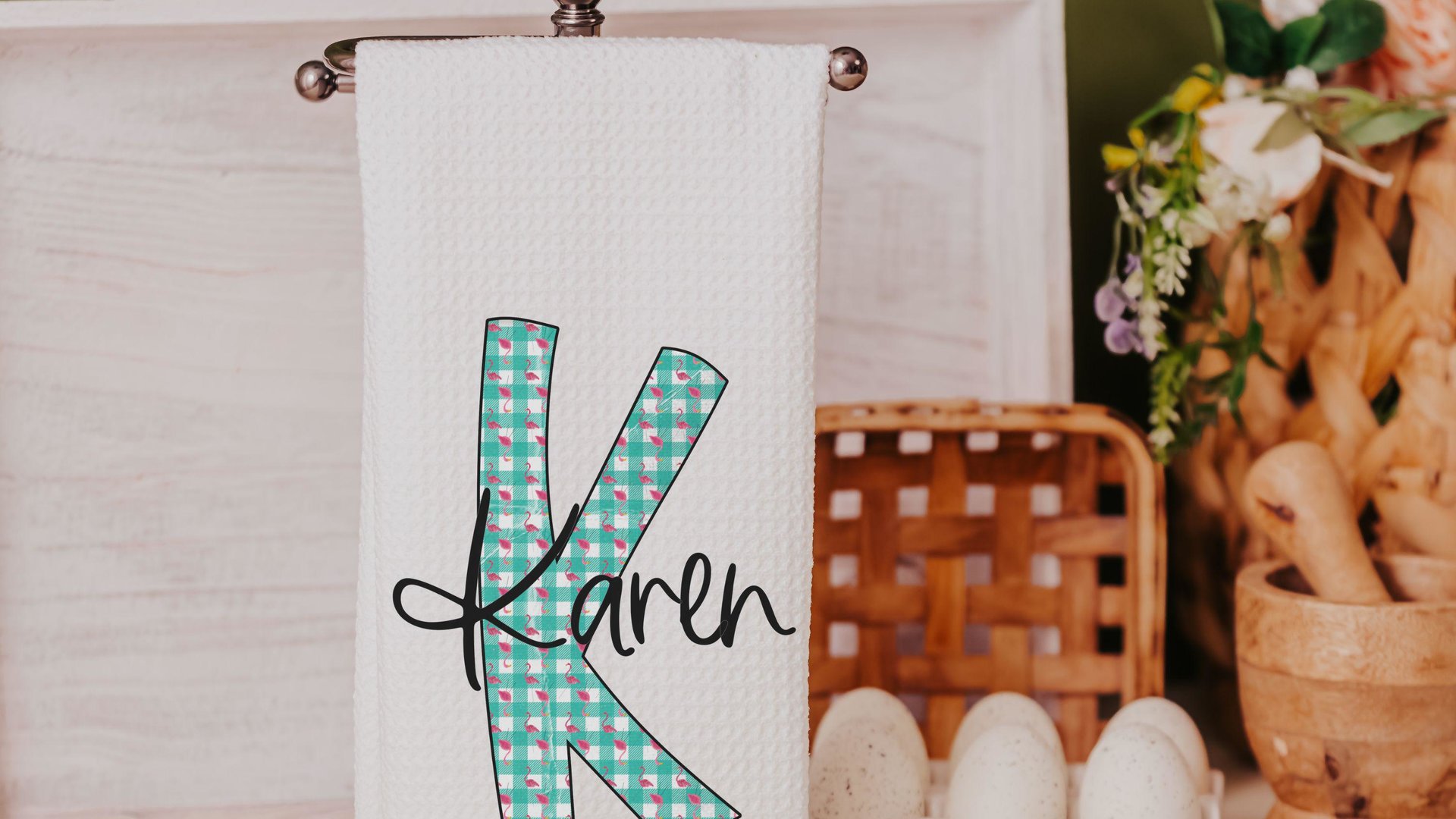 personalized turquoise gingham initial throw pillow with name, cute flamingo gifts for women, pink flamingo decor, beach house gifts, accent