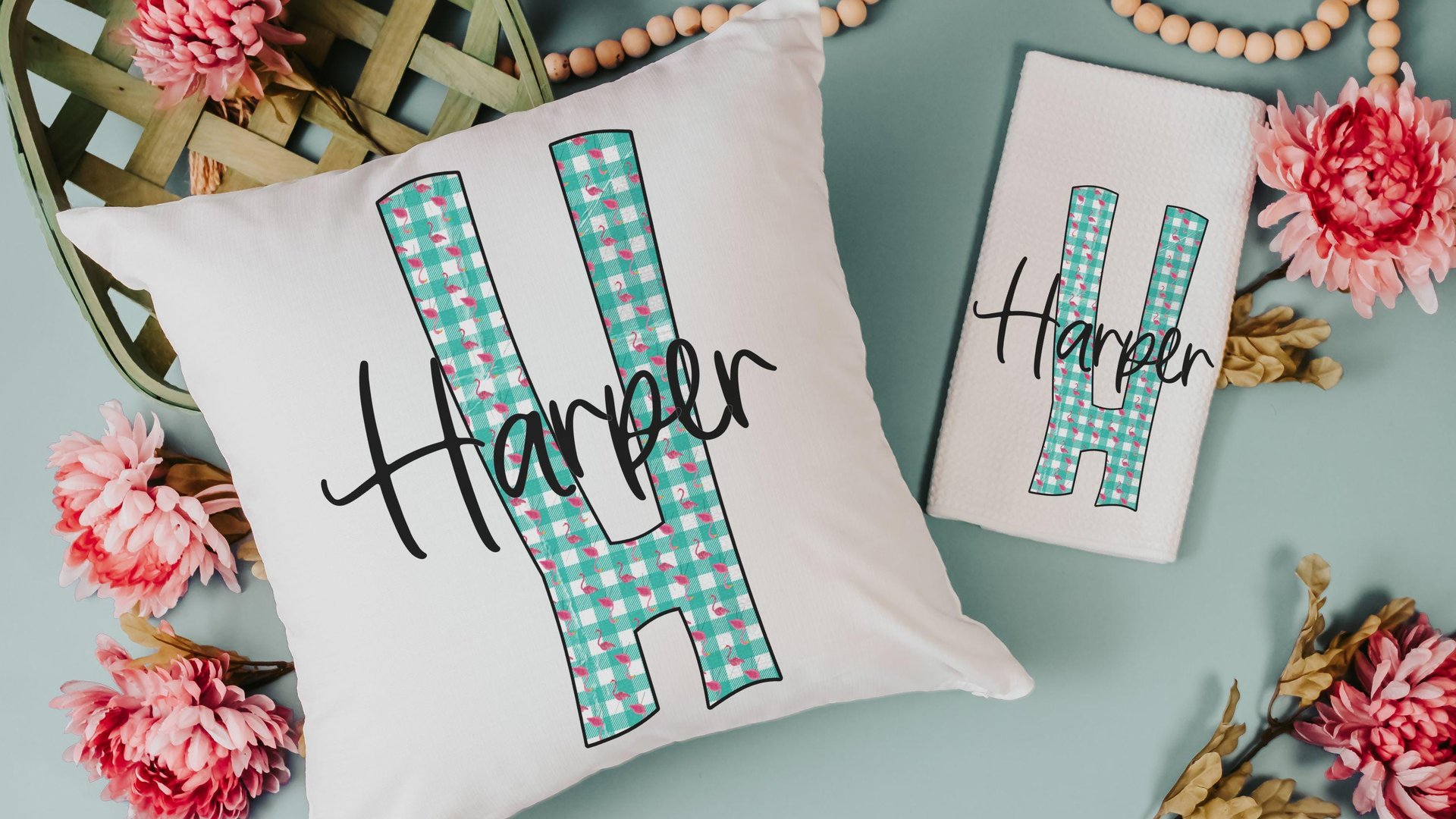 personalized turquoise gingham kitchen towels for gifts, pink flamingo hand towels for bathroom, cute initial dish towels for kitchen, beach