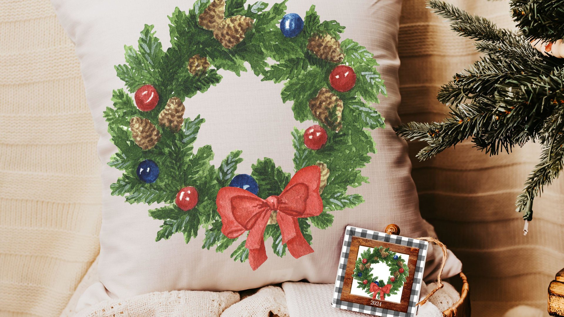 watercolor wreath Christmas throw pillows for couch trendy Christmas pillow covers 18 x 18, cozy Christmas decor for home, Christmas gifts