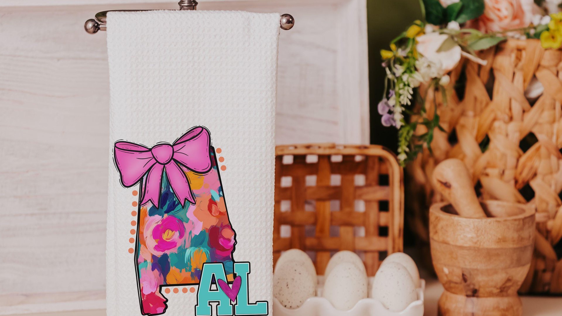 watercolor Alabama throw pillow for bed, Alabama coquette bow kitchen towels, Alabama college care package for girls, pink preppy pillows