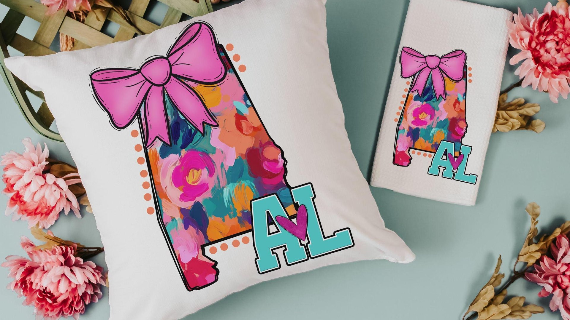 watercolor Alabama throw pillow for bed, Alabama coquette bow kitchen towels, Alabama college care package for girls, pink preppy pillows