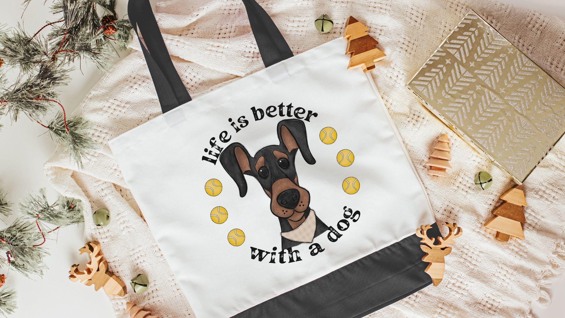 life is better with dogs Doberman pinscher dog lover tote bag for women, dobie mom Doberman gifts, reusable shopping bag, cute dog gifts for