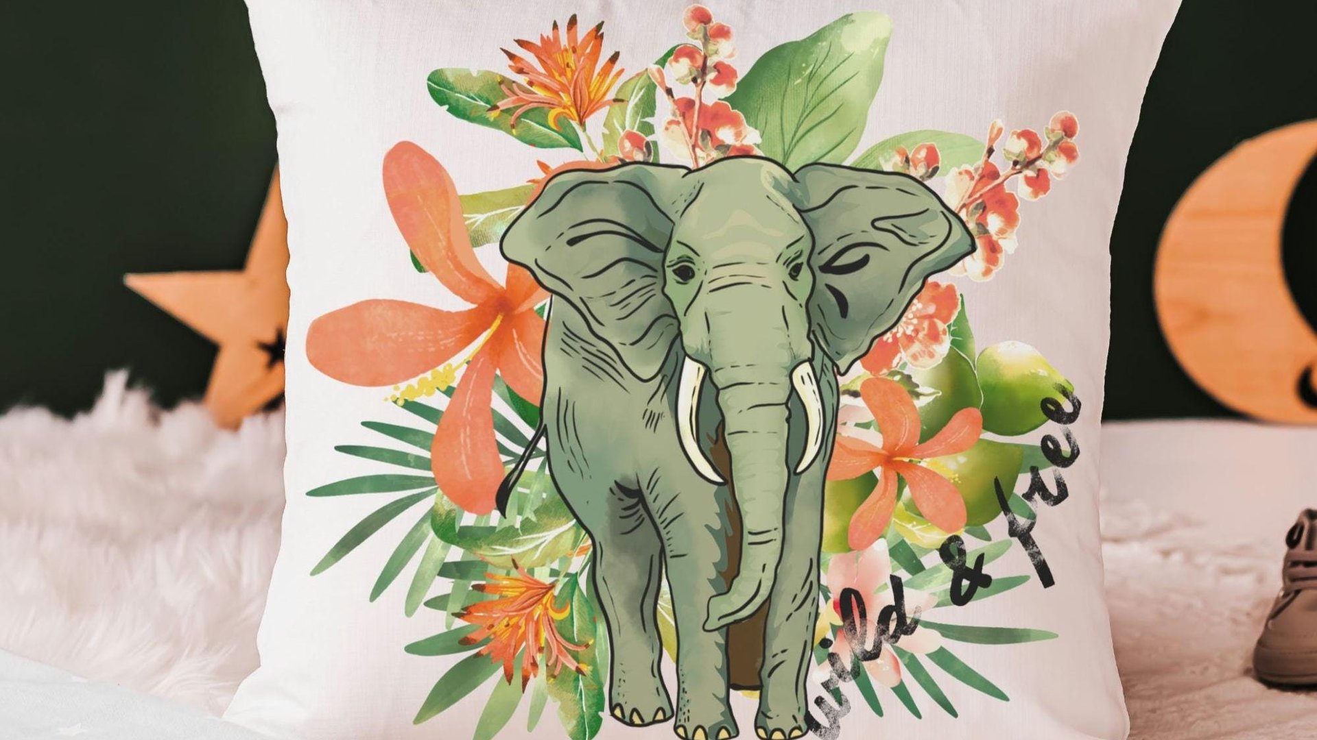 wild and free elephant throw pillow for bed funky decor, tropical decor for home, jungle nursery decor, elephant gifts for women, safari