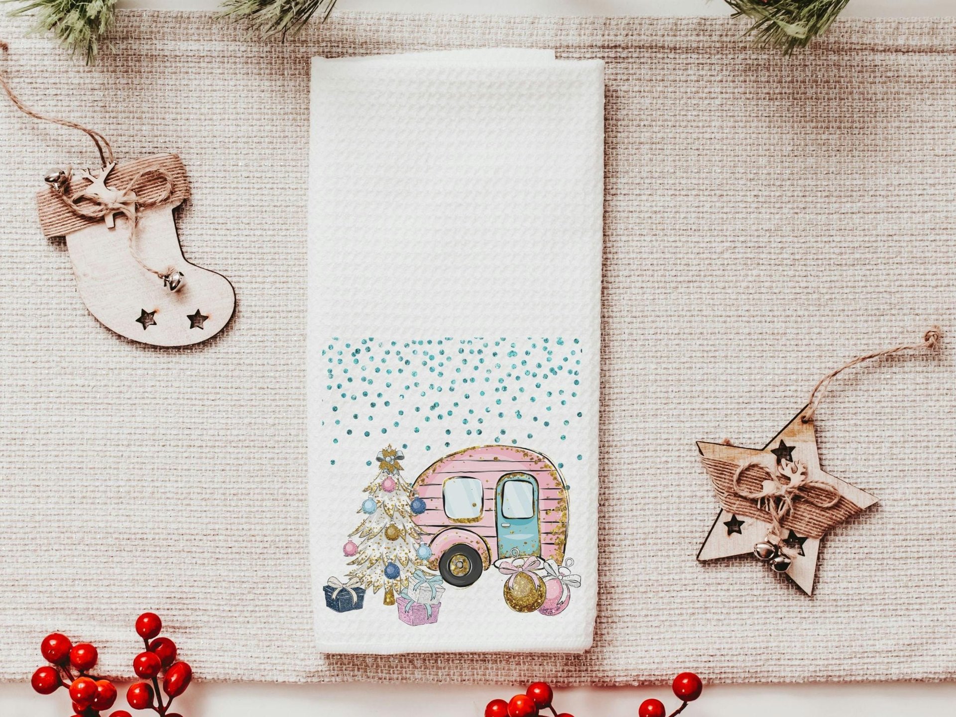 tis the season Christmas kitchen towels set of 3, RV Christmas decor, pink Christmas decorations, Christmas bathroom towels, Christmas gifts