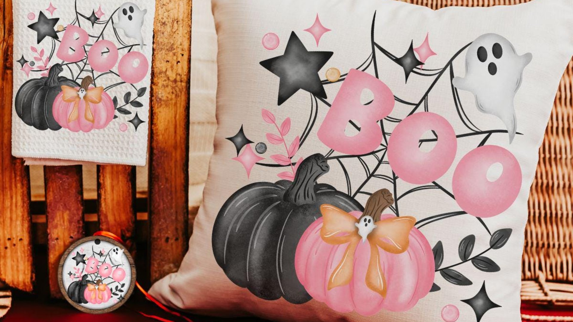 coquette Halloween kitchen towel, boo basket stuffers for adults, whimsical Halloween kitchen decor, pink pumpkin hand towels for bathroom