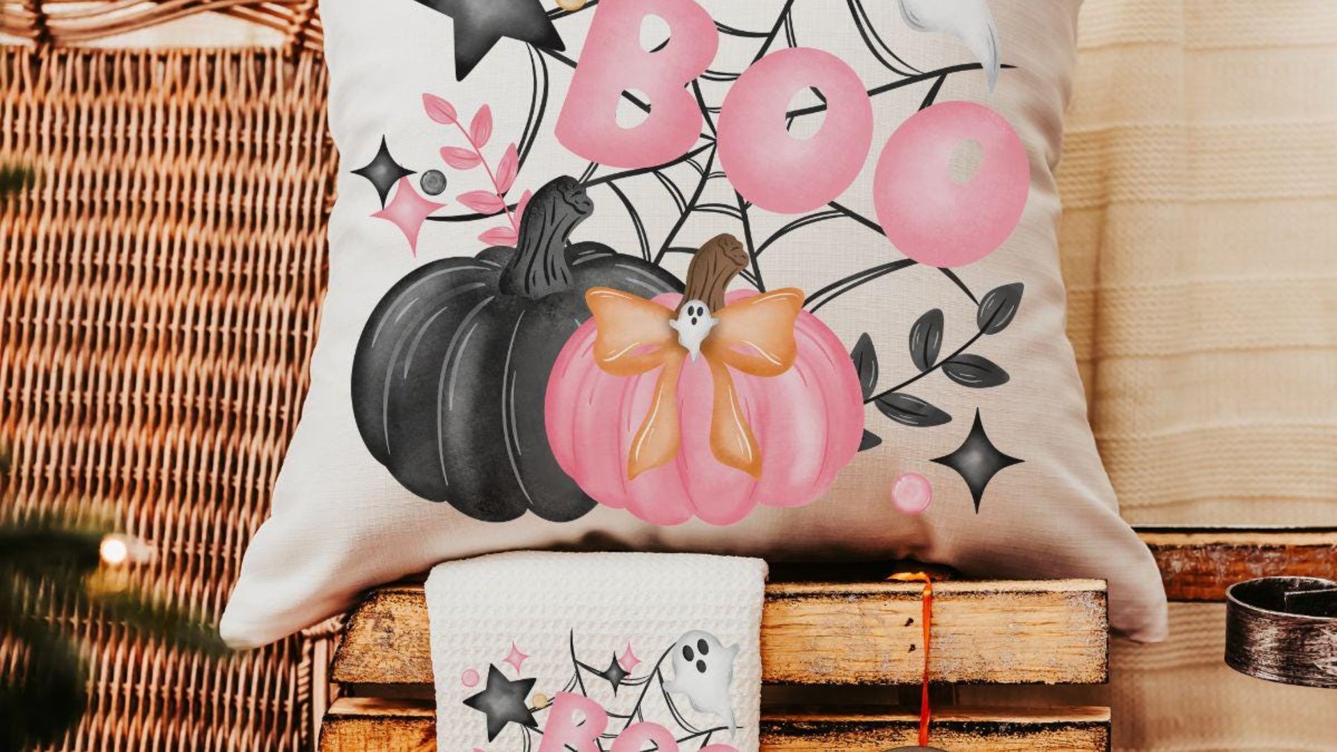 girly goth coquette Halloween tree ornament handmade, boo basket tag ghost ornament wood, cute Halloween gifts for adults, pink pumpkin door