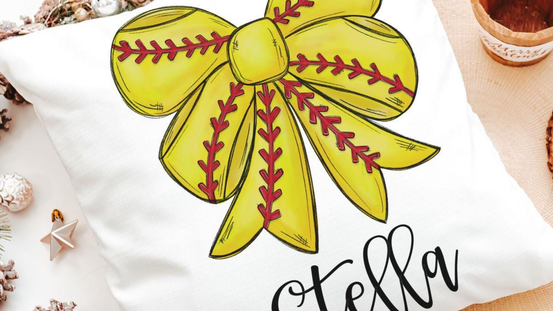 personalized softball coquette bow softball ornament wood, cute softball senior night gift, softball bow car charms for women, softball mom