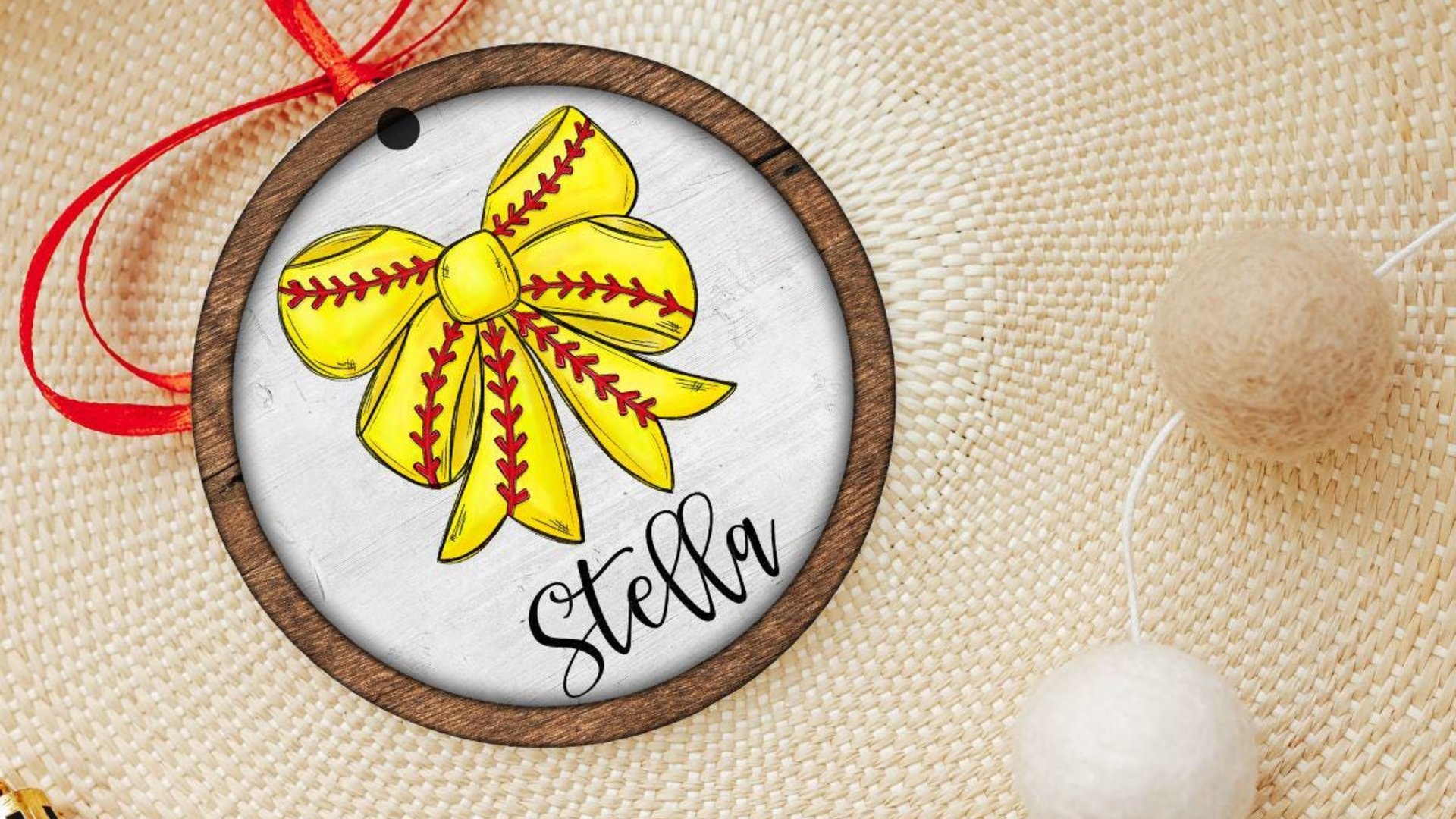 personalized softball coquette bow softball ornament wood, cute softball senior night gift, softball bow car charms for women, softball mom