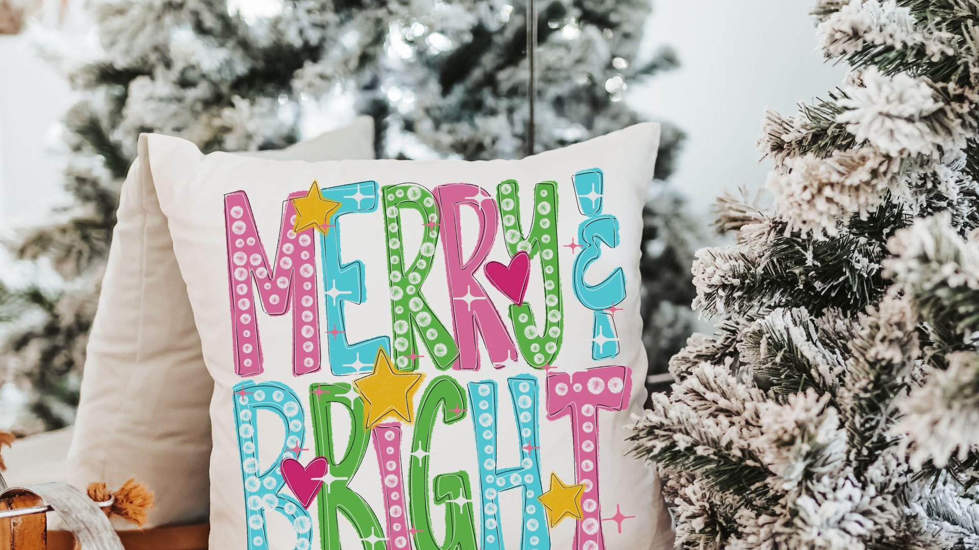 merry and bright Christmas throw pillows for couch, pink Christmas decor, colorful Christmas kitchen towels for gifts, cute Christmas gifts