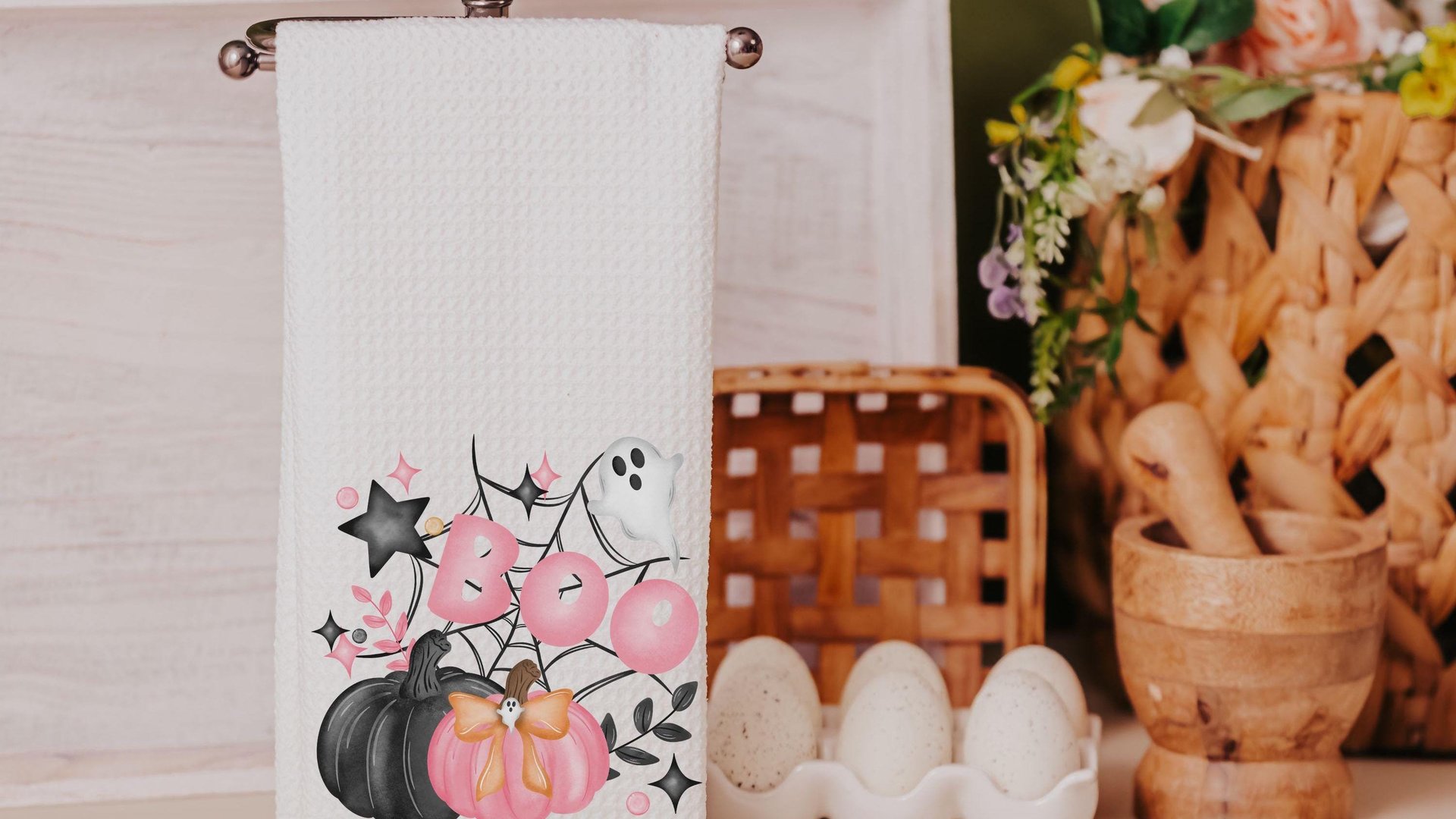 coquette Halloween kitchen towel, boo basket stuffers for adults, whimsical Halloween kitchen decor, pink pumpkin hand towels for bathroom