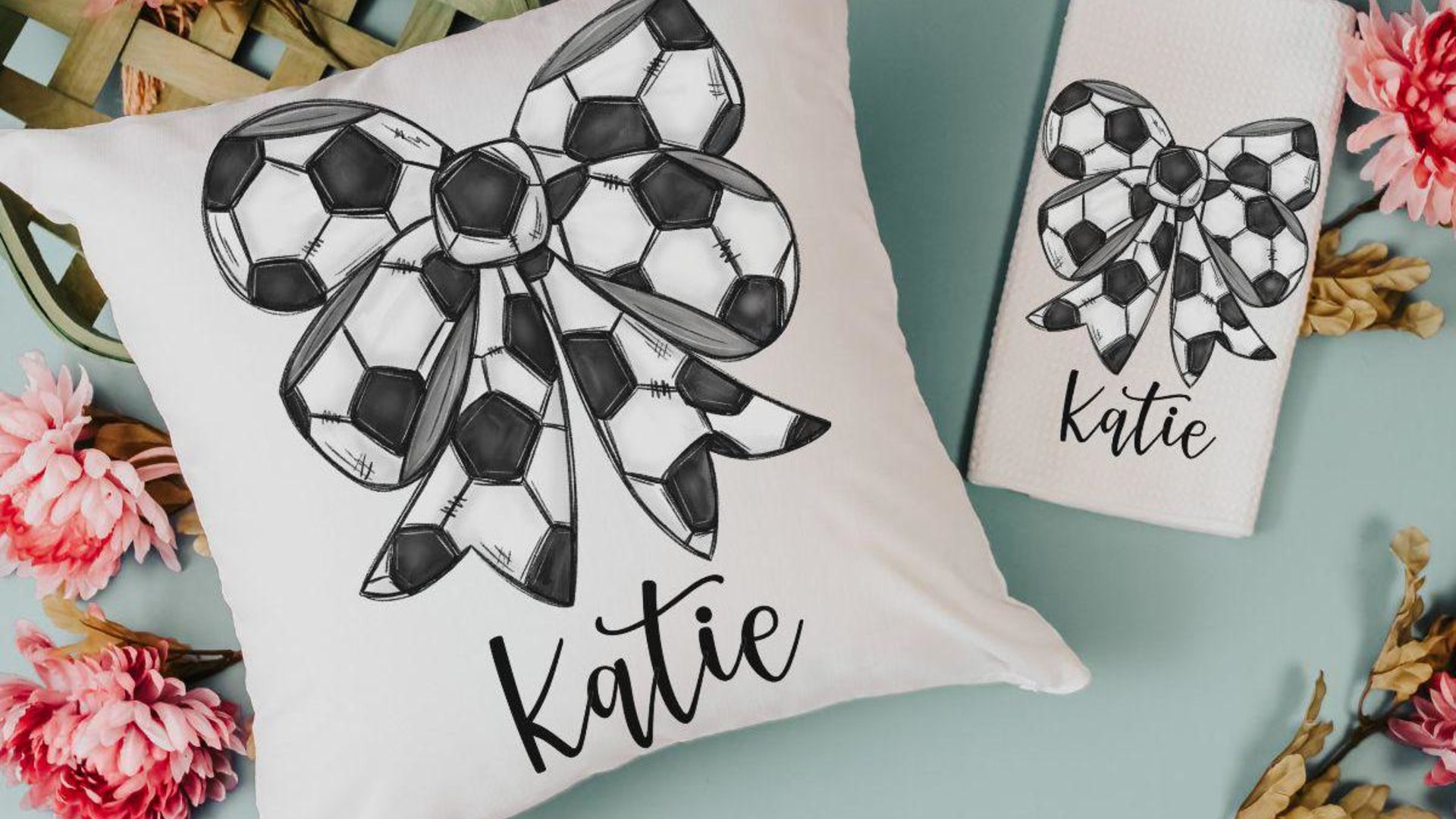 personalized soccer coquette throw pillows for bed cute soccer coach gift from team, soccer bow rally towel, soccer team gifts for girls