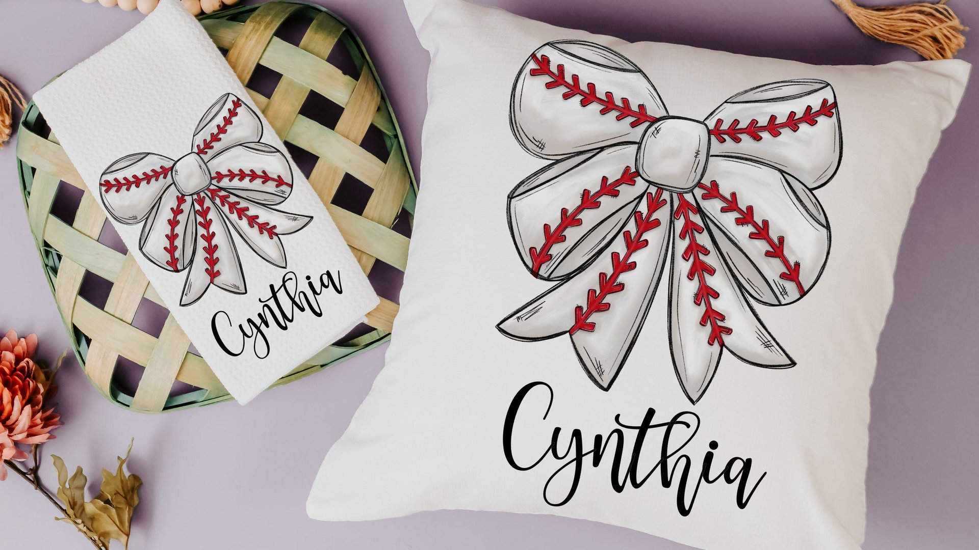 personalized baseball coquette kitchen towels with name, girly baseball bathroom decor, baseball mom gifts, baseball sister rally towel