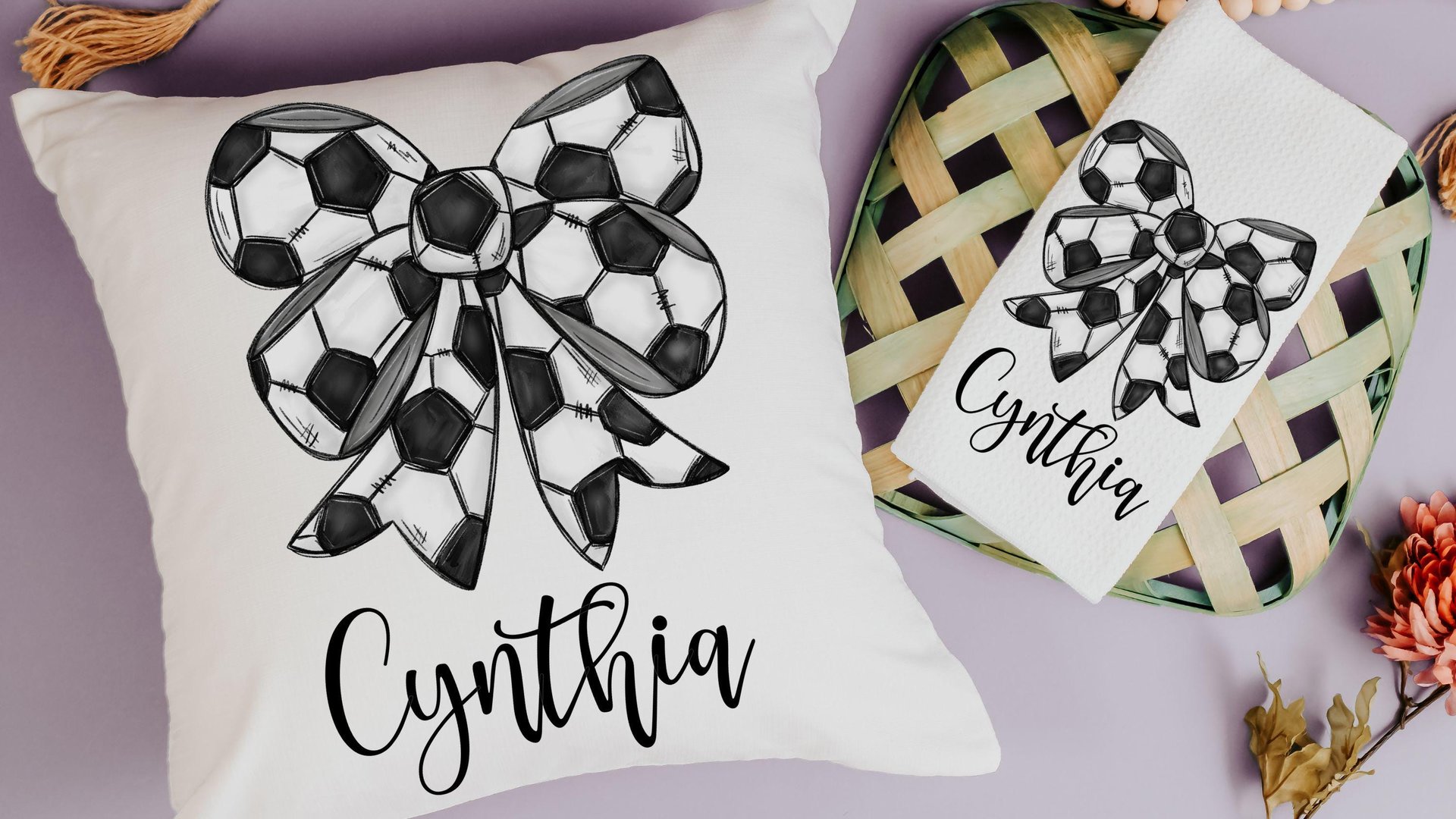 personalized soccer coquette bow throw pillow with name, soccer gifts for girls, cute soccer senior gifts for daughter, soccer rally towels