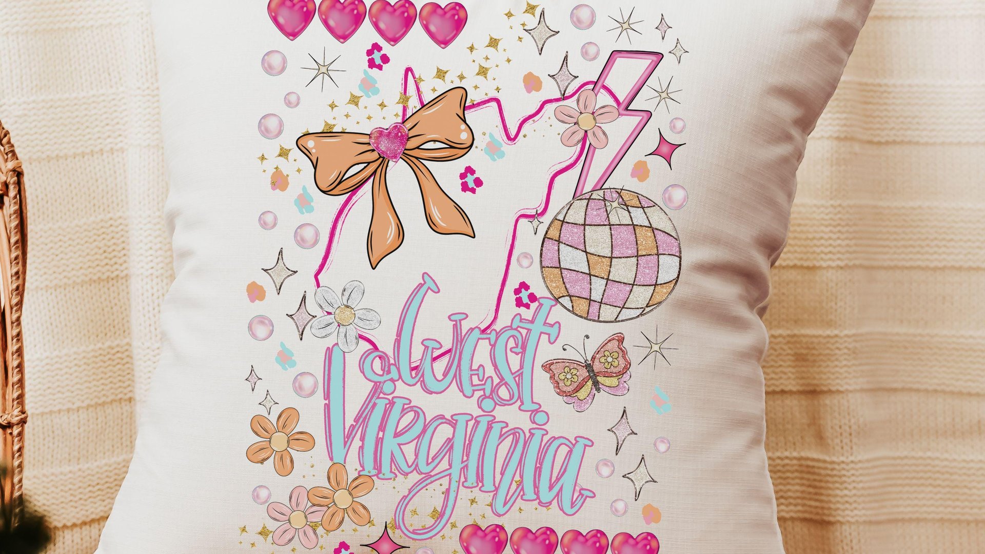 WV pillows for bed, preppy throw pillows for dorm, Charleston West Virginia gifts for women, whimsical coquette kitchen towels decorative