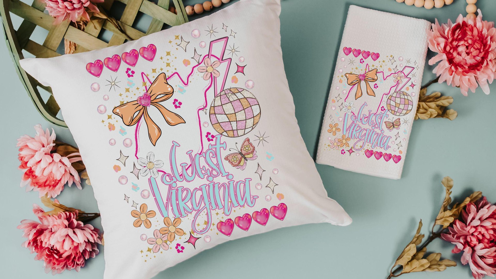 WV pillows for bed, preppy throw pillows for dorm, Charleston West Virginia gifts for women, whimsical coquette kitchen towels decorative
