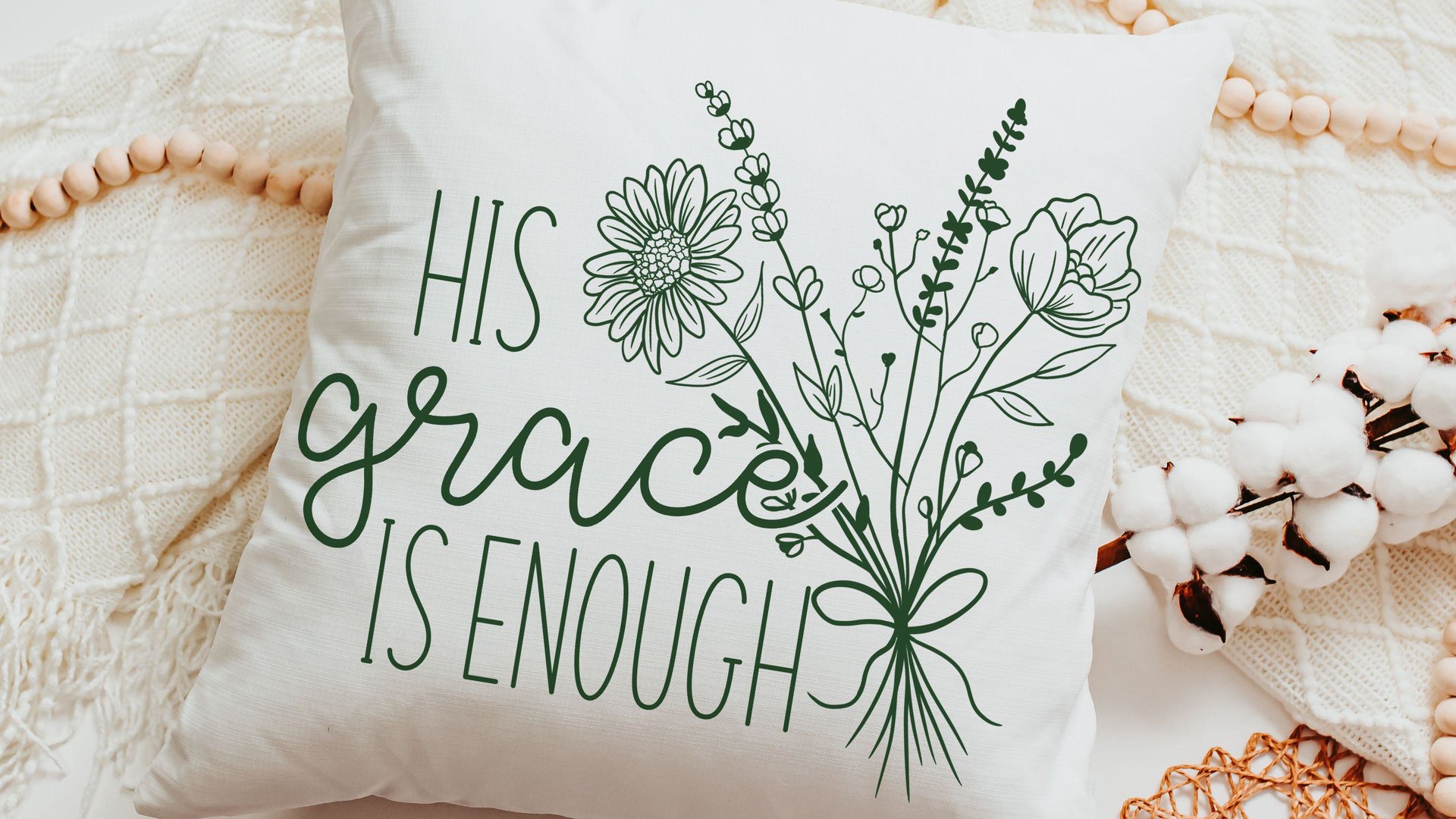 his grace is enough pillow for bedroom, Christian Mothers day gifts for godmother, moss green floral pillow covers 18 x 18, wildflower decor