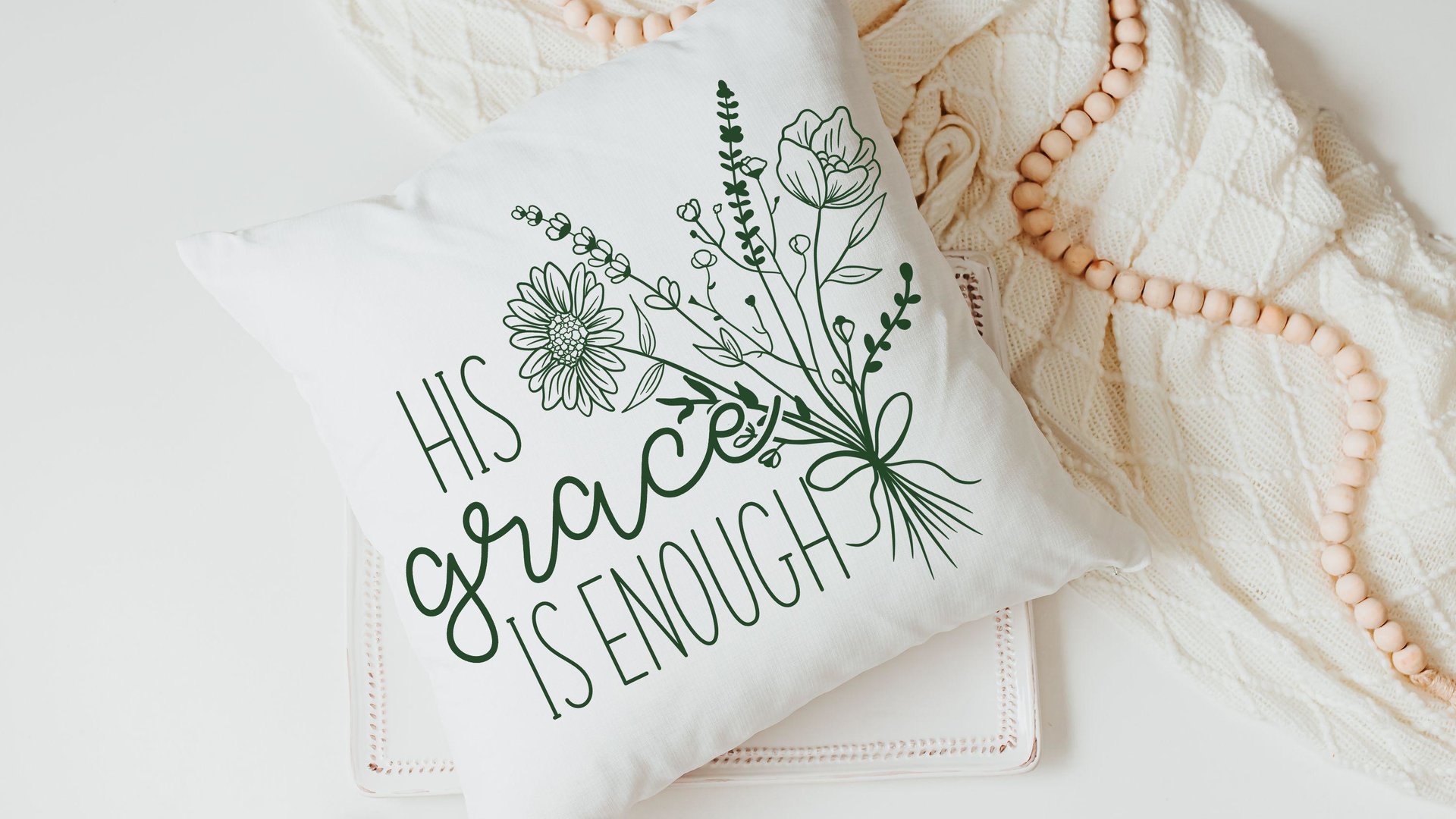 his grace is enough pillow for bedroom, Christian Mothers day gifts for godmother, moss green floral pillow covers 18 x 18, wildflower decor