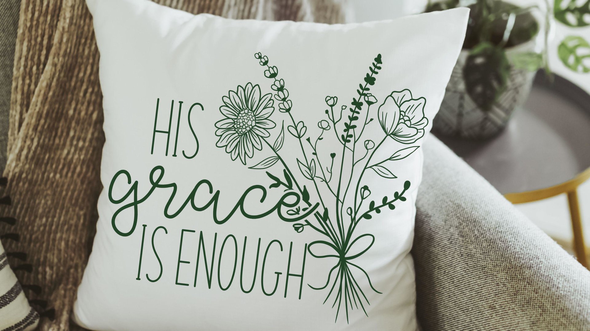 his grace is enough pillow for bedroom, Christian Mothers day gifts for godmother, moss green floral pillow covers 18 x 18, wildflower decor