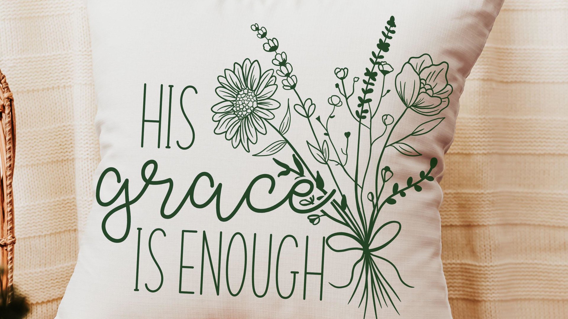 his grace is enough pillow for bedroom, Christian Mothers day gifts for godmother, moss green floral pillow covers 18 x 18, wildflower decor