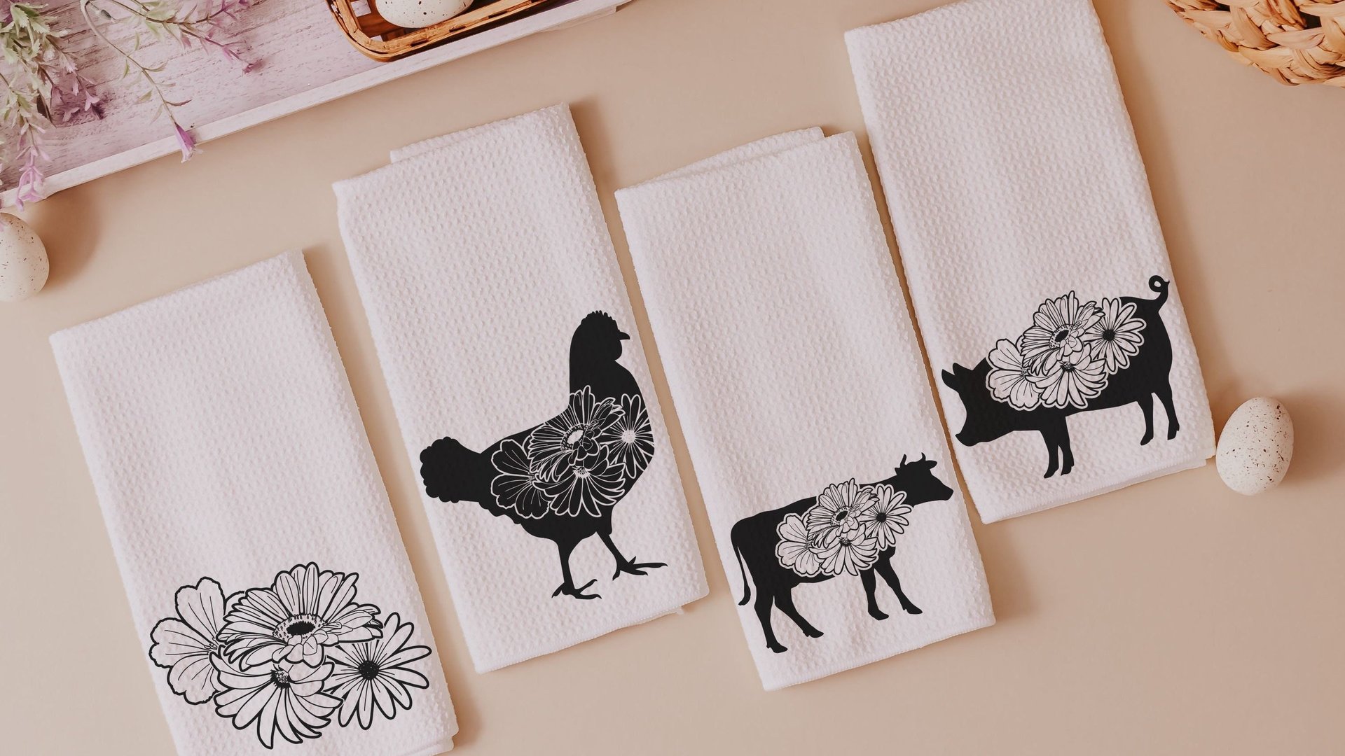 farm animal kitchen towel, floral farmhouse kitchen decor, pig dish towel, Christmas gifts for Mom, farmhouse throw pillows for couch, crazy