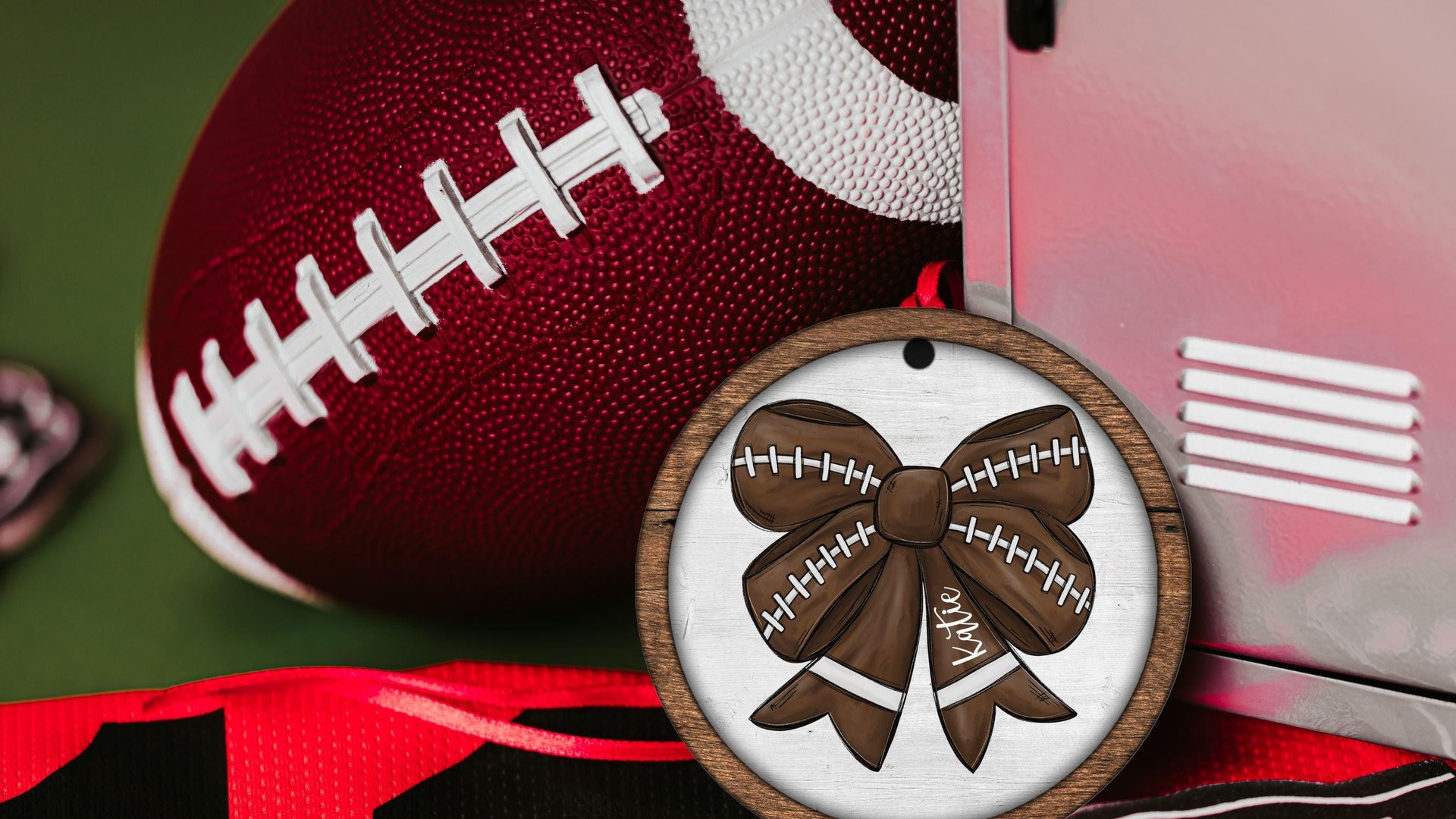 personalized football coquette bow football mom gift set for women, cute football rally towel, football bow ornament wood, football cheer