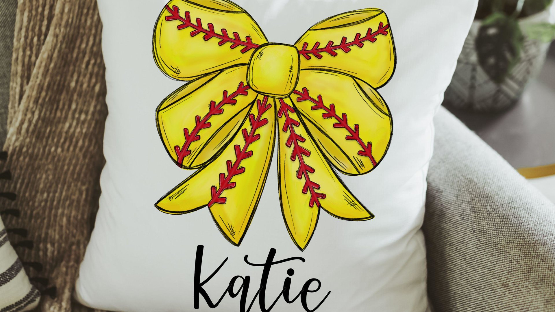 personalized softball coquette bow softball throw pillows for bed cute softball mom gift set for women, softball bow kitchen towels for gift