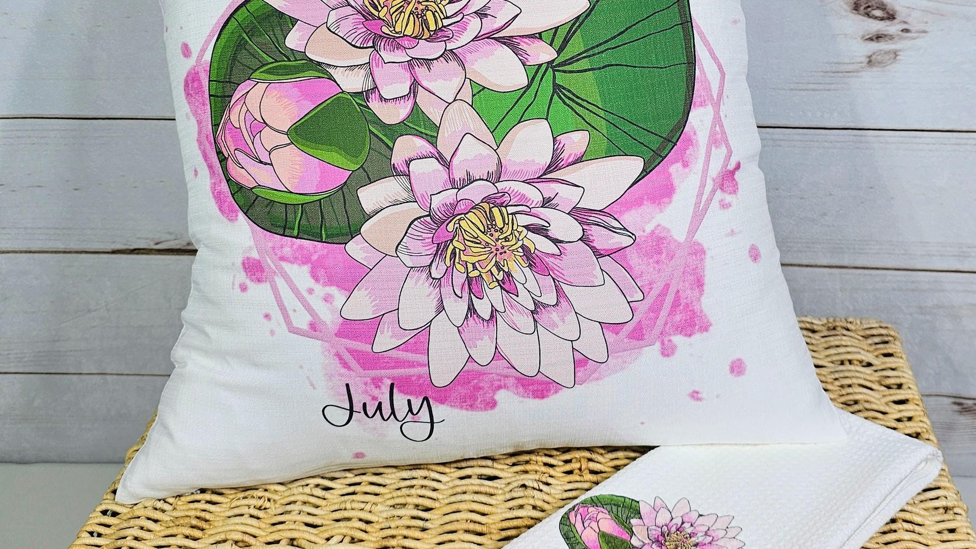 July birth flower throw pillow for bed, larkspur kitchen towels, water lily birth month flower decor, July birthday gifts for her, Leo gifts