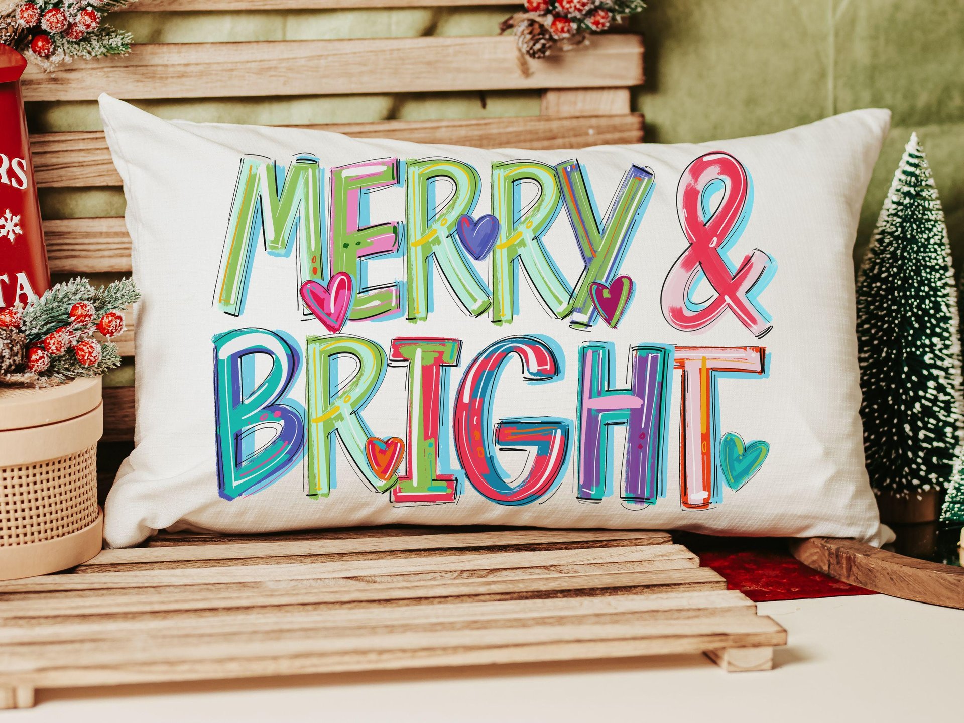 Merry and bright colorful Christmas pillow 