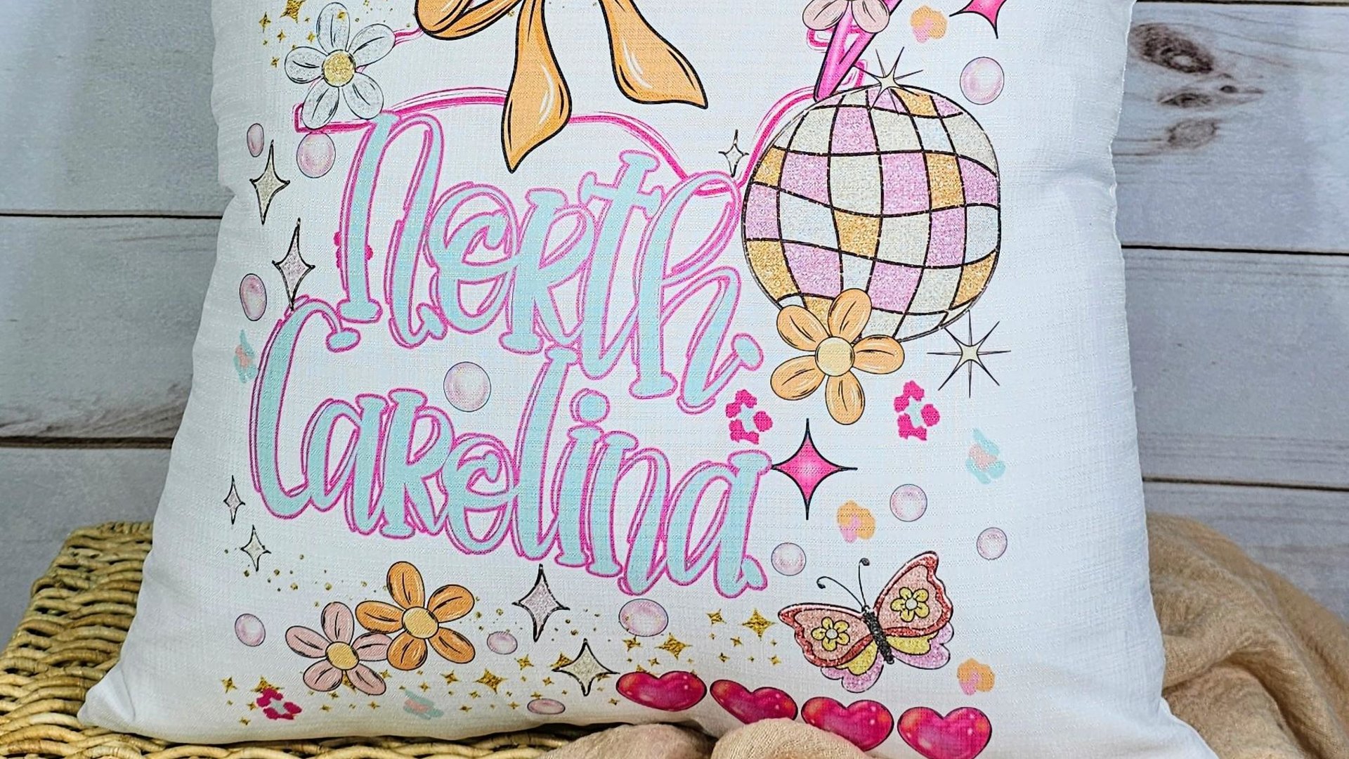 custom Raleigh NC state throw pillows for couch, pink preppy pillows for bed, Charlotte North Carolina gifts, college student gifts, Winston