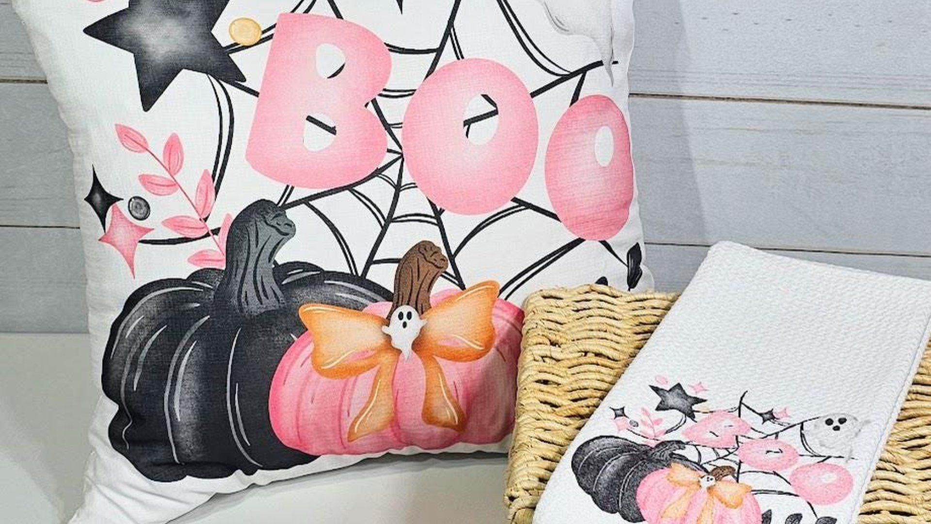girly goth coquette Halloween throw pillow covers 18 x 18, pink pumpkin kitchen towels, boo basket stuffers for adults, cute Halloween decor