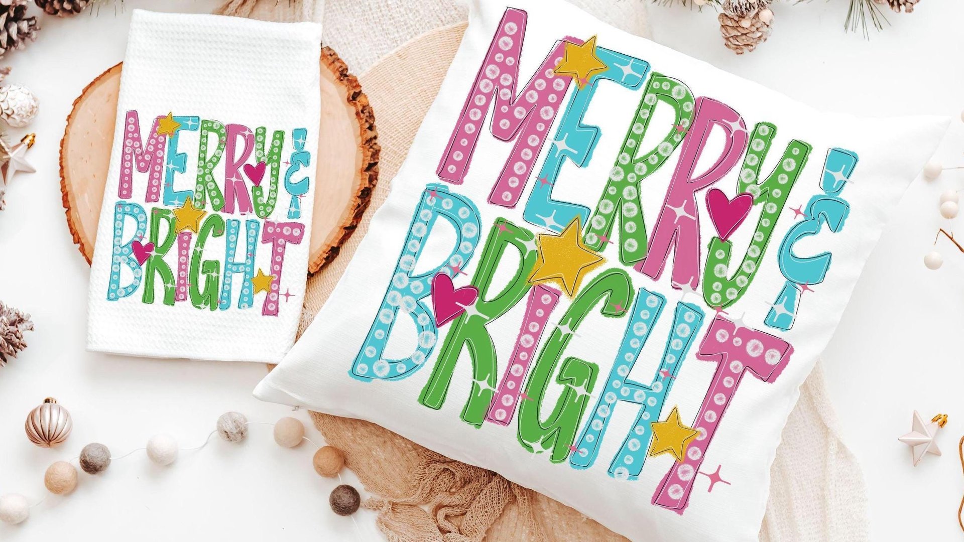 merry and bright Christmas throw pillows for couch, pink Christmas decor, colorful Christmas kitchen towels for gifts, cute Christmas gifts