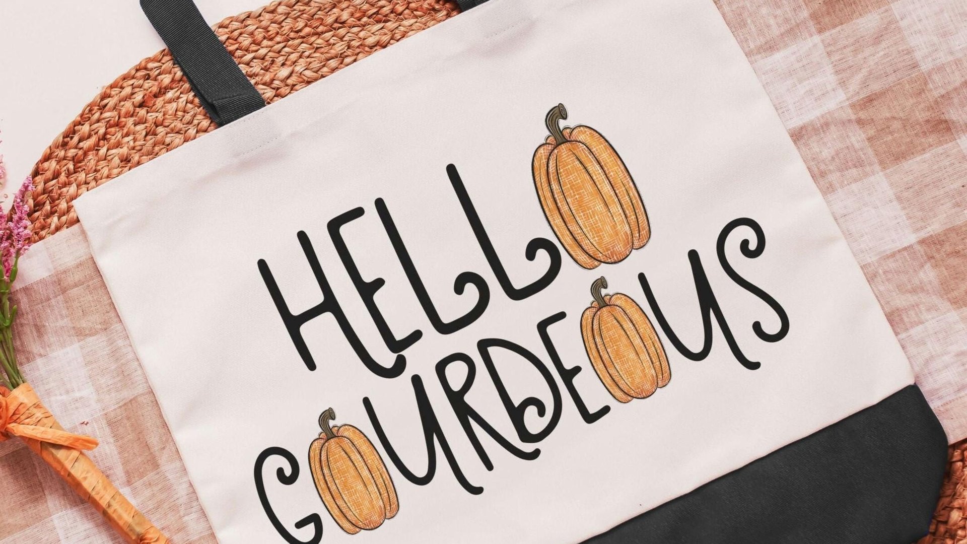 hello gourdgeous pumpkin tote bag for women, fall style gift, boo basket stuffers for teens, fall host gift, Halloween candy bag for adults