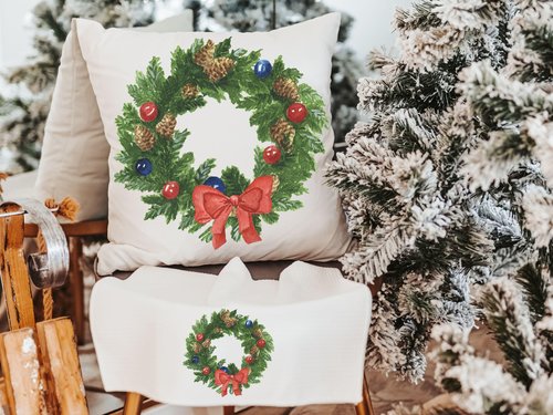 watercolor wreath Christmas ornament 2026, cozy Christmas decor for home, Christmas gifts for new homeowners, Christmas throw pillows for