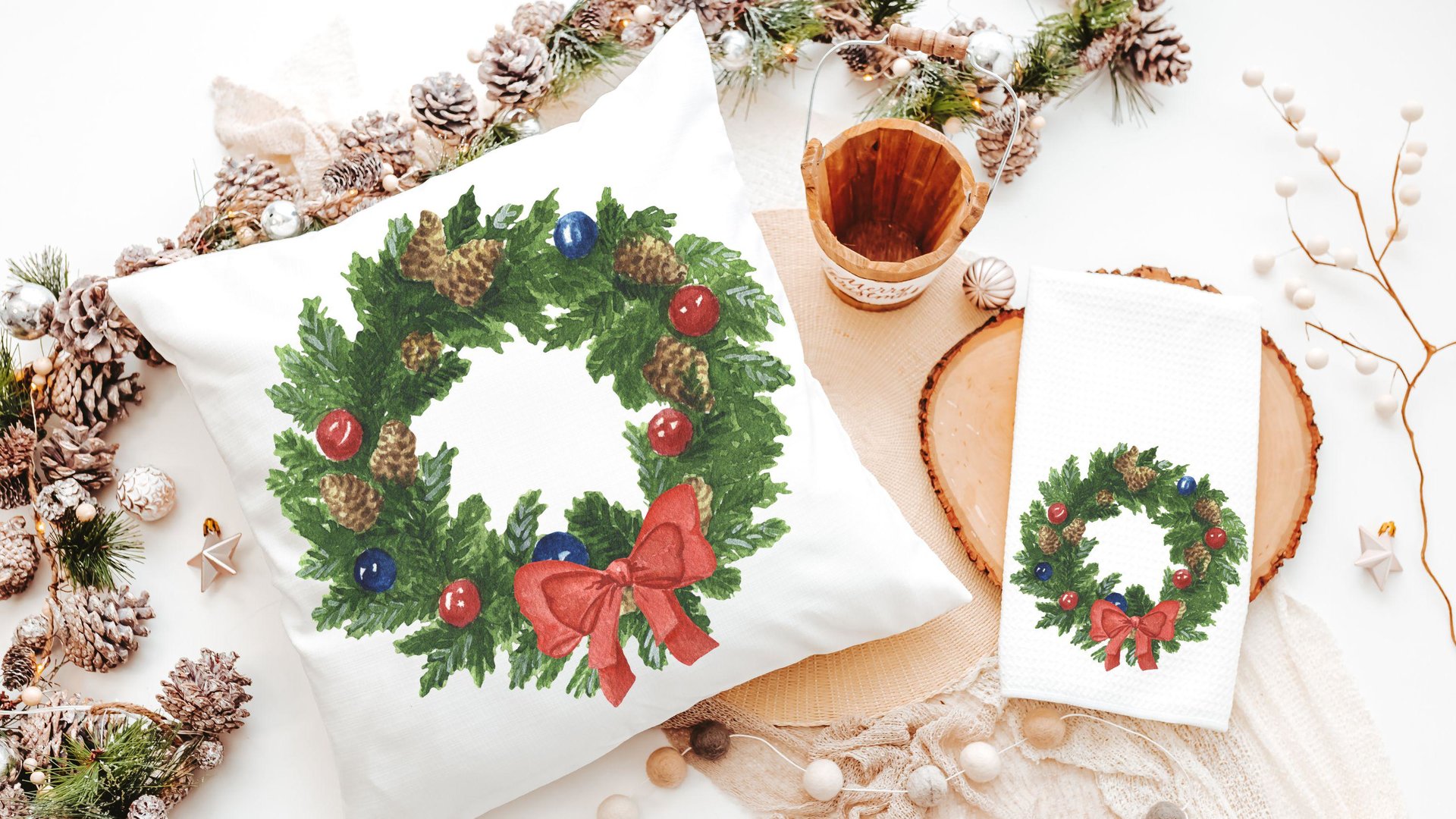 watercolor wreath Christmas throw pillows for couch trendy Christmas pillow covers 18 x 18, cozy Christmas decor for home, Christmas gifts