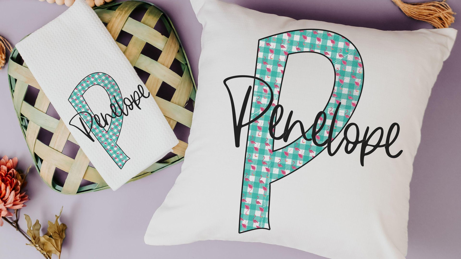 personalized turquoise gingham initial throw pillow for bed cute flamingo gifts for her, pink flamingo kitchen towels for gifts, beach house