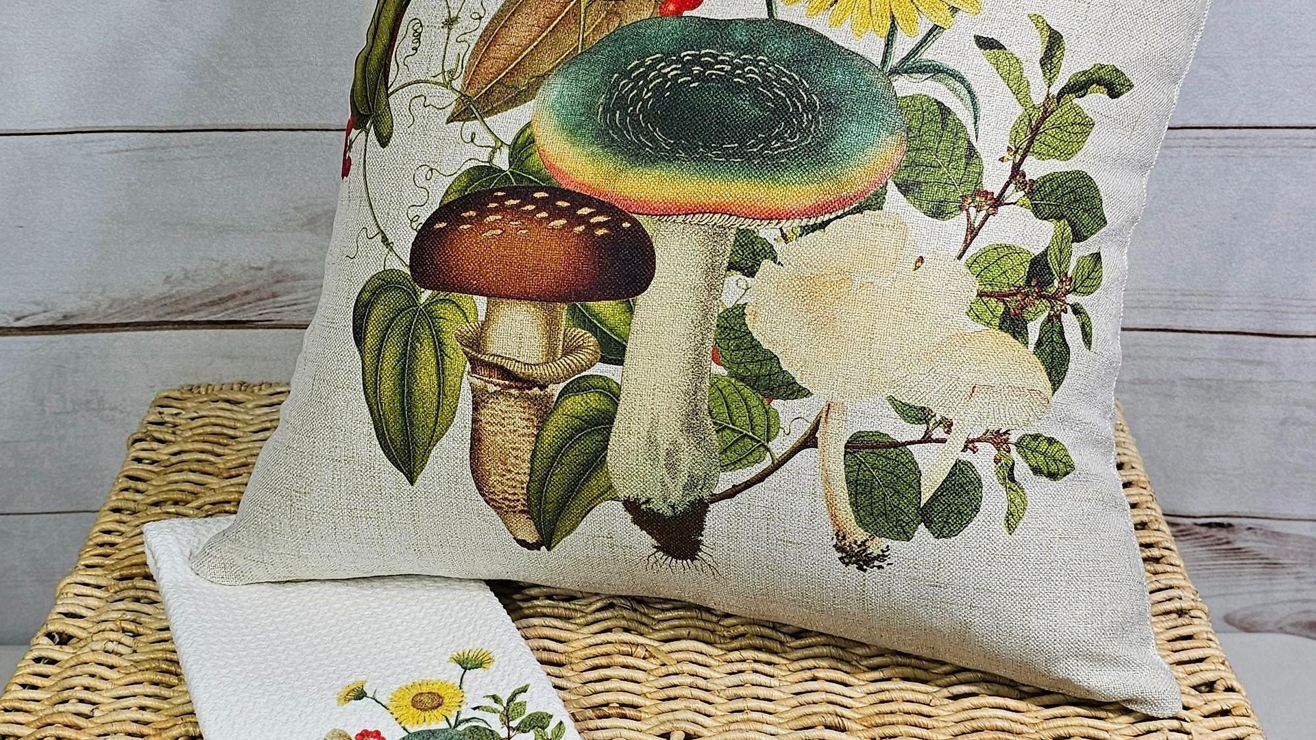 mushroom throw pillow for couch, toadstool decor, mushroomcore green academia mushroom kitchen towels, new apartment gift for her, nature